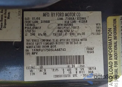 2005 Ford Expedition Eddie Bauer/King Ranch z USA, uszkodzony, nr VIN 1FMFU17505LA68743